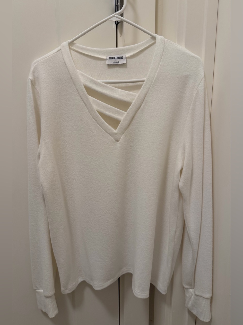 LNA White V-Neck Long Sleeve Top with Front Strap Detail